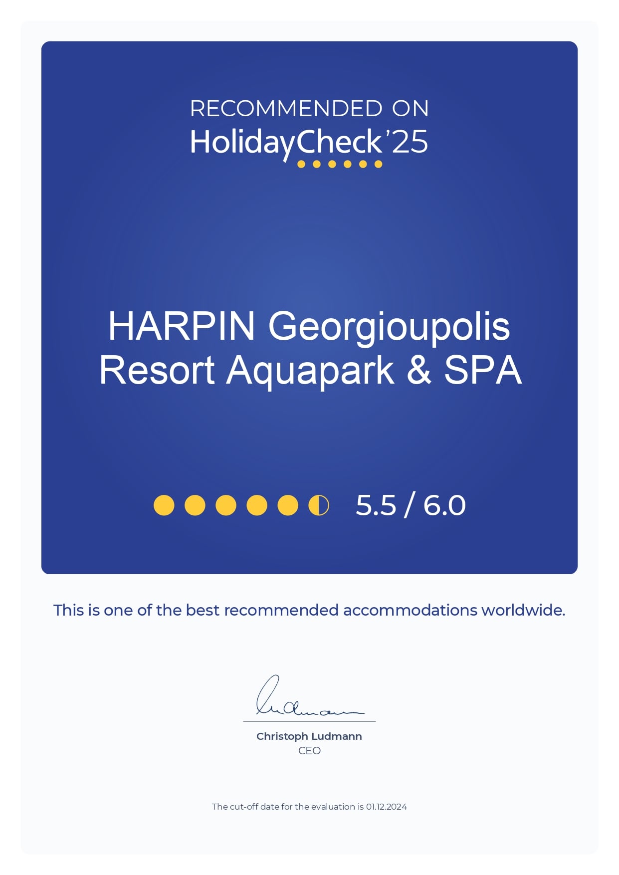 HolidayCheck Certificate